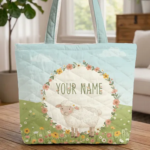 Adorable Sheep Wildflower Meadow Personalized Name Wreath - Nature Lover Gift Quilted Tote Bag