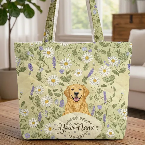 Golden Retriever Daisies Lavender English Garden Foliage - Pet Parent Everyday Carry Gift Quilted Tote Bag