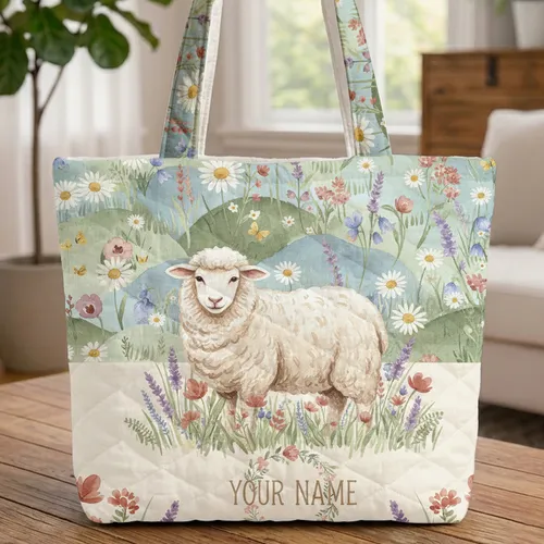 Sheep Wildflower Meadow Butterfly Hills Personalized Name - Nature Lover Gift Quilted Tote Bag