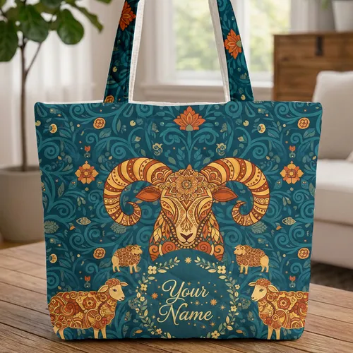 Boho Ram's Head Sheep Mandala Organic Floral Stars Swirl - Home Decor Gift for Wildlife Lover Quilted Tote Bag