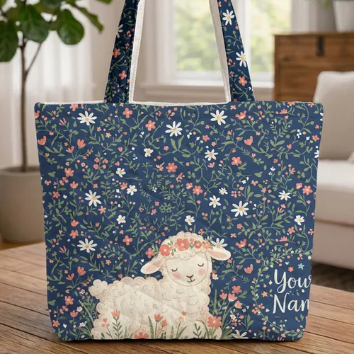 Sweet Lamb Daisy Floral Your Name - Everyday Lifestyle Gift Quilted Tote Bag
