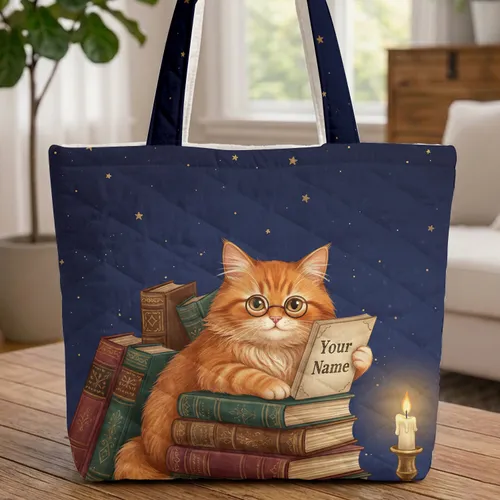 Personalized Orange Cat Spectacles Vintage Books Stack - Book Lover Literary Gift Quilted Tote Bag