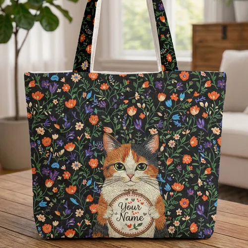 Calico Cat Cross Stitch Heart Name Hoop Floral - Cat Lover Gift for Daily Carry Quilted Tote Bag