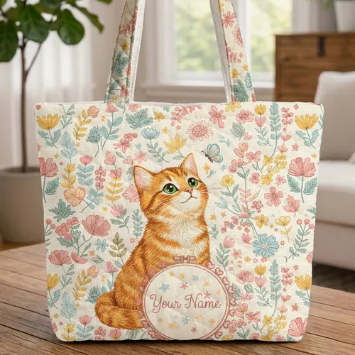 Orange Tabby Cat Blue Butterfly Wildflower Hoop Personalized Cat Lover Gift Quilted Tote Bag