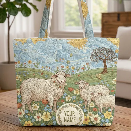 Three Ornate Sheep Wildflower Meadow Swirling Clouds - Nature Lover Gift Quilted Tote Bag