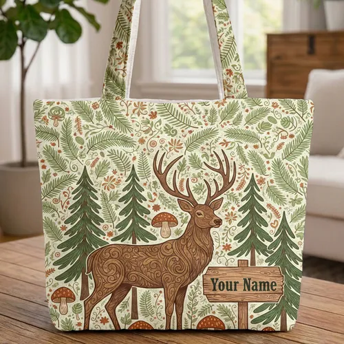 Majestic Stag Forest Rustic Wooden Sign - Nature Lover Home Decor Gift Quilted Tote Bag