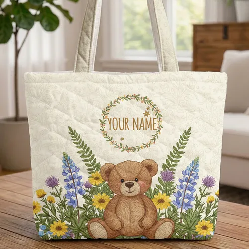 Teddy Bear Floral Wreath Wildflower Meadow - Personalized Keepsake Gift Quilted Tote Bag