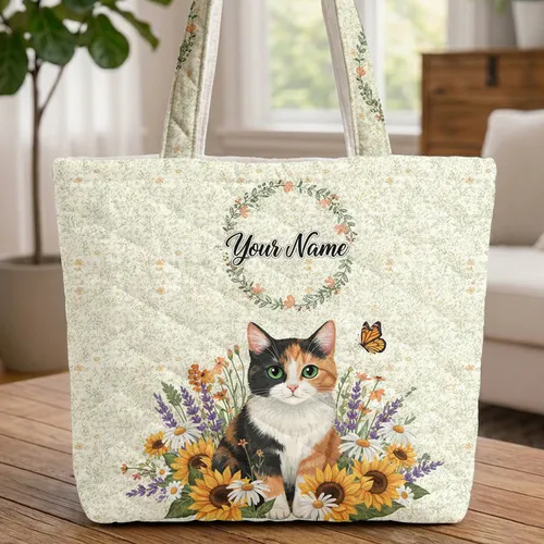 Calico Cat Floral Wreath Wildflower Garden Personalized Everyday Tote - Cat Lover Gift Quilted Tote Bag
