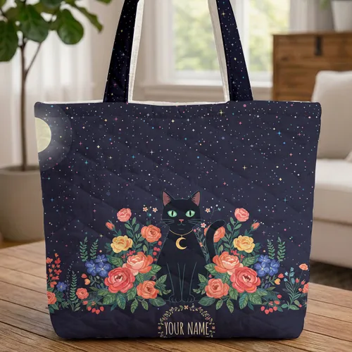 Black Cat Full Moon Celestial Garden Your Name Wreath - Everyday Tote Gift Quilted Tote Bag