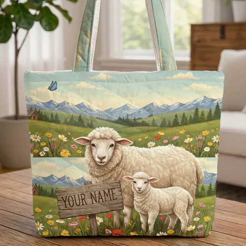 Fluffy Sheep Lamb Wildflower Meadow Rustic Cabin - Farmhouse Home Decor Gift Quilted Tote Bag
