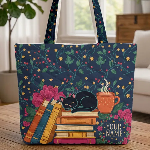 Curled Black Cat Stacked Books Floral Wreath - Cat Book Lover Everyday Tote Quilted Tote Bag