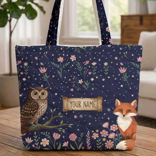 Owl Fox Wildflower Meadow Nocturnal Night Sky Twinkling Stars - Wildlife Lover Gift Quilted Tote Bag