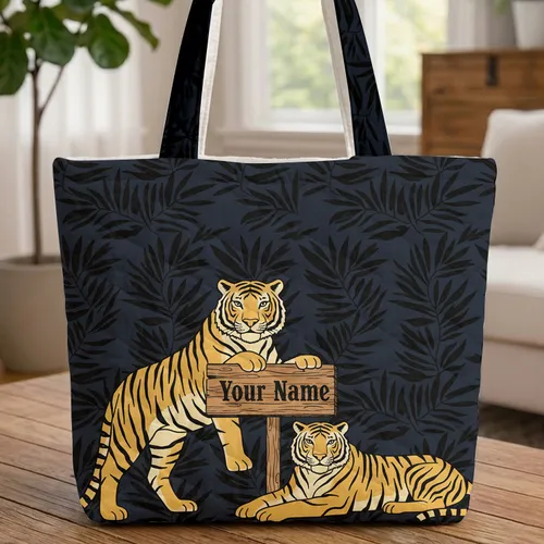 Black Gold Tiger Duo Jungle Leaves Distressed Wood Sign - Personalized Wildlife Lover Gift Quilted Tote Bag