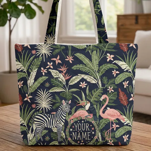 Zebra Flamingo Toucan Jungle Foliage Name Floral Wreath - Wildlife Lover Gift Quilted Tote Bag
