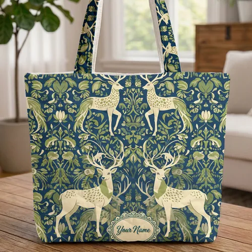 Stags Jungle Foliage Exotic Birds Name Personalized Wildlife Gift Quilted Tote Bag