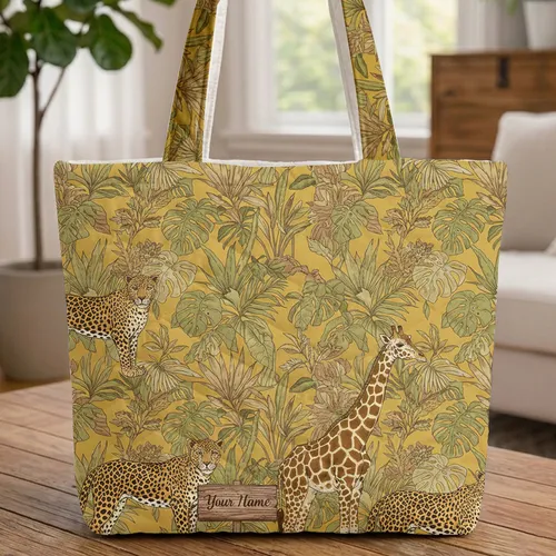 Leopard Giraffe Jungle Leaves Palm Fronds Safari - Travel Essentials Gift for Nature Lovers Quilted Tote Bag