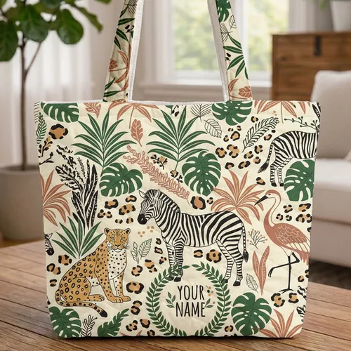 Leopard Zebra Crane Jungle Tropical Foliage - Wildlife Lover Gift Quilted Tote Bag
