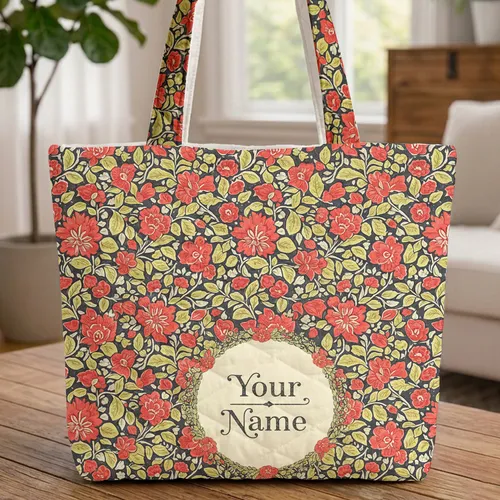 Coral Red Floral Wreath - Personalized Everyday Carry for Her Quilted Tote Bag