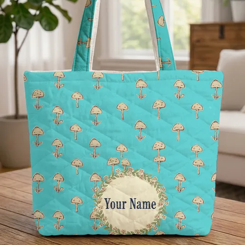Mushroom Caps Small Trees Floral Wreath Green Leaves Tan Flowers - Everyday Lifestyle Gift Quilted Tote Bag