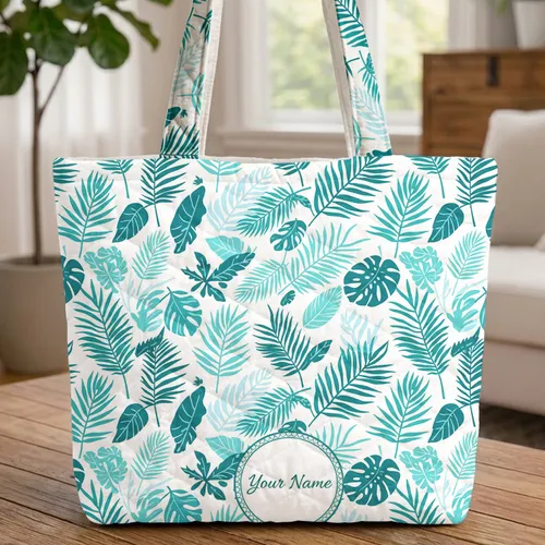 Tropical Leaves Palm Fronds Calligraphy Your Name Medallion - Boho Lifestyle Tote Quilted Tote Bag
