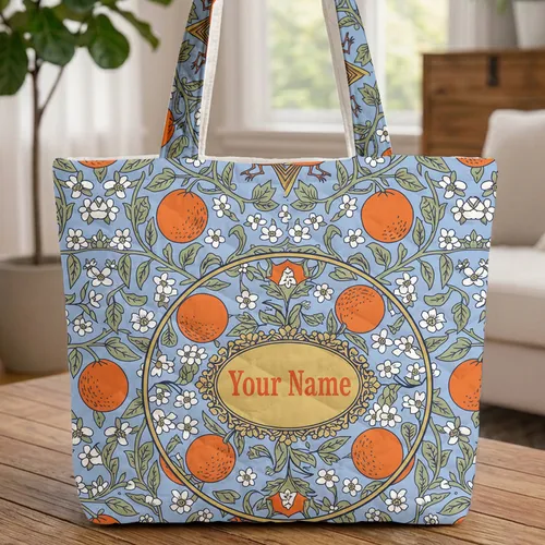 Orange Fruit Leafy Branch Small White Flower Bird Medallion Personalized Name Gift Everyday Carry Quilted Tote Bag