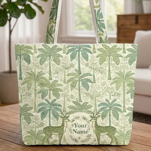 Graceful Deer Tropical Palm Tree Botanical Floral Wreath - Wildlife Lover Gift Quilted Tote Bag