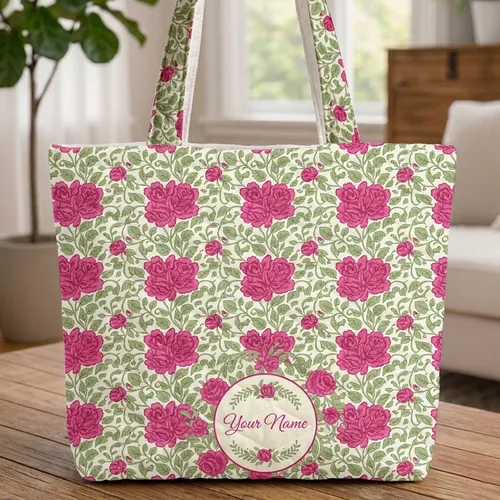 Fuchsia Pink Roses Floral Wreath Your Name Text - Thoughtful Everyday Carryall Present Quilted Tote Bag