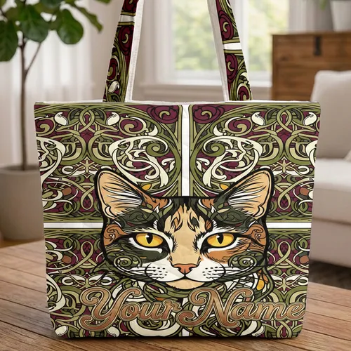 Calico Cat Yellow Eyes Ornate Swirls Deep Burgundy Olive Green - Everyday Cat Lover Gift Quilted Tote Bag