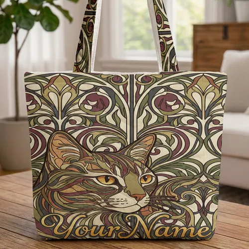 Organic Swirling Cat Head Botanical Tendrils Everyday Use Gift for Cat Lover Quilted Tote Bag