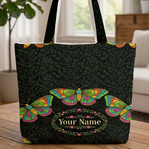 Personalized Name Leaf Garland Ornate Moths - Wildlife Lover Everyday Tote Quilted Tote Bag
