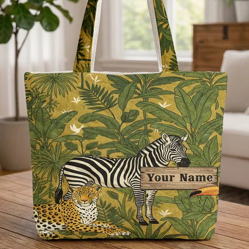 Zebra Holding Sign Leopard Toucan Tropical Jungle Safari Adventure Gift Quilted Tote Bag