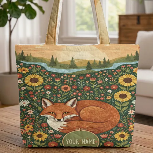 Fox Wildflower Tapestry Meadow - Wildlife Lover Home Decor Gift Quilted Tote Bag