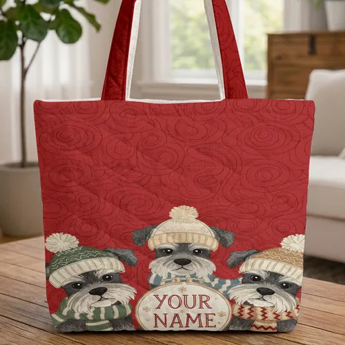 Miniature Schnauzer Dogs Winter Hat Snowflakes - Holiday Season Pet Owner Gift Quilted Tote Bag