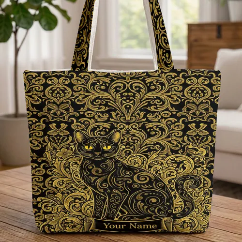 Black Cat Golden Botanical Flourish Scrolls - Everyday Use Cat Lover Gift Quilted Tote Bag