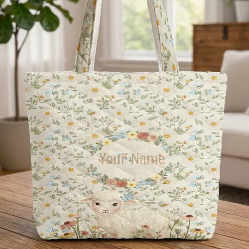 Fluffy Lamb Blue Butterfly Wildflower Meadow Daisy Floral Wreath - Nature Lover Everyday Gift Quilted Tote Bag