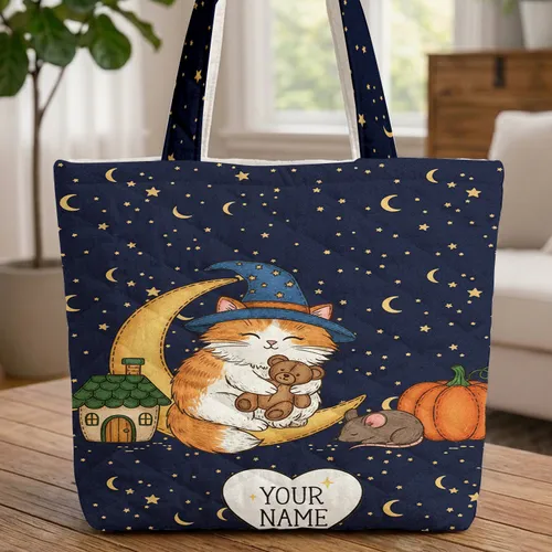 Wizard Cat Mouse Crescent Moon Night Sky - Fantasy Storybook Gift for Kids Quilted Tote Bag
