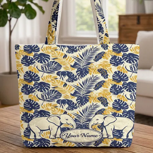 Tropical Leaves Elephants Vintage Plaque - Everyday Use Gift for Elephant Lover Quilted Tote Bag