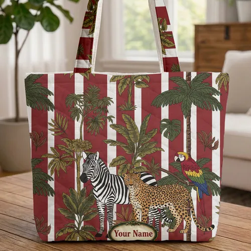 Tropical Jungle Red White Stripe Zebra Leopard Parrot Name Plaque - Wildlife Lover Gift Quilted Tote Bag