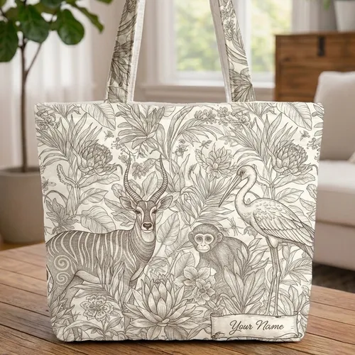 Zoological Antelope Monkey Stork Tropical Foliage Flowers Insects - Wildlife Lover Gift Quilted Tote Bag