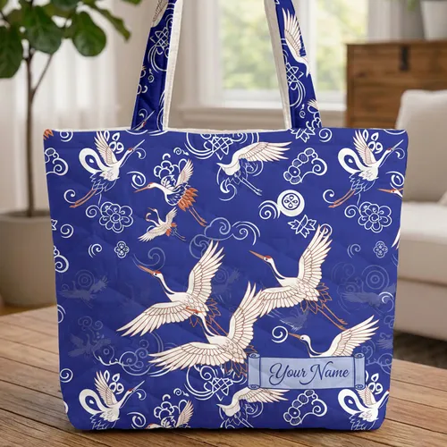 White Coppery Orange Deep Blue Japanese Flying Cranes Swirls Personalized Gift Everyday Carry Quilted Tote Bag