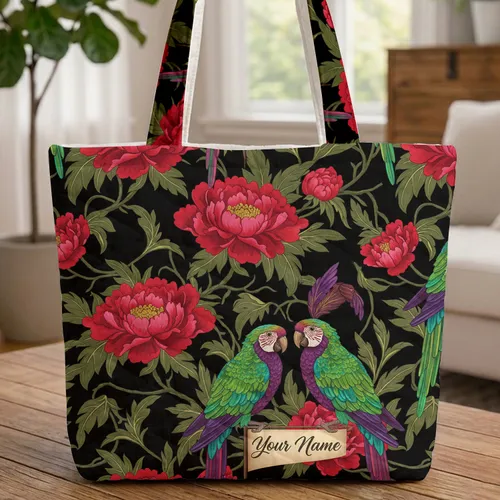 Chinoiserie Ornate Tropical Peony Parrots Personalized Name Flag - Bird Lover Gift Quilted Tote Bag
