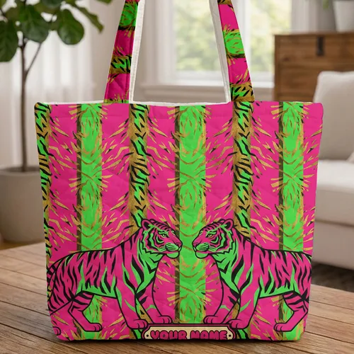 Tiger Figures Vertical Stripes - Everyday Carry for Animal Lover Quilted Tote Bag