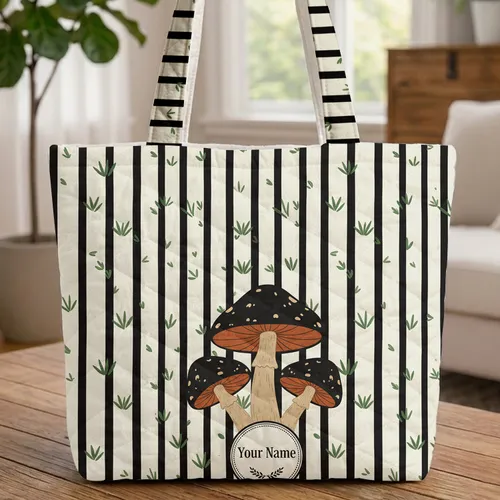 Vertical Black Cream Stripe Ornate Mushrooms Your Name - Nature Lover Gift Quilted Tote Bag