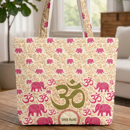 Om Symbol Dotted Elephants Floral - Yoga Meditation Everyday Gift for Yoga Lover Quilted Tote Bag