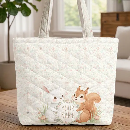 White Bunny Squirrel Wildflowers Floral Wreath Name Text New Baby Gift Quilted Tote Bag