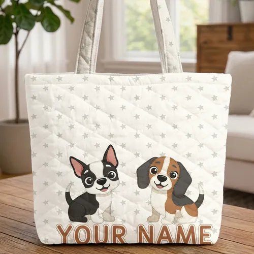 Playful Boston Terrier Beagle Dogs - Everyday Carryall Dog Lover Gift Quilted Tote Bag