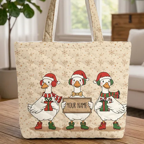 Christmas Geese Wooden Sign Snowflakes Berries - Holiday Gift for Kids Quilted Tote Bag
