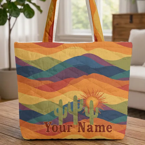 Western Cowboy Saguaro Cacti Desert Mountains Sun Warm Desert Sky Everyday Tote Quilted Tote Bag
