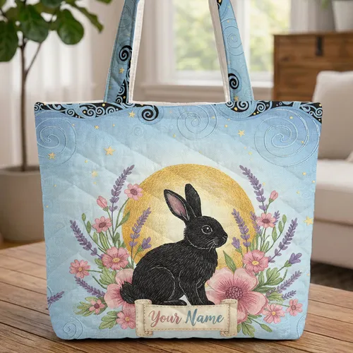 Black Rabbit Golden Moon Wildflower Scroll Celestial Stars - Wildlife Lover Gift Quilted Tote Bag