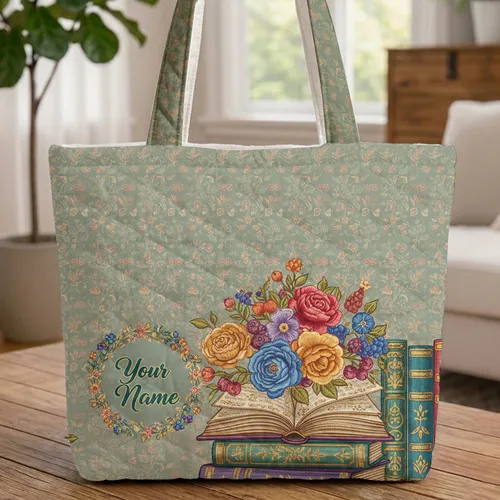 Ornate Open Book Floral Berries Vintage Books - Literary Home Decor Gift Quilted Tote Bag